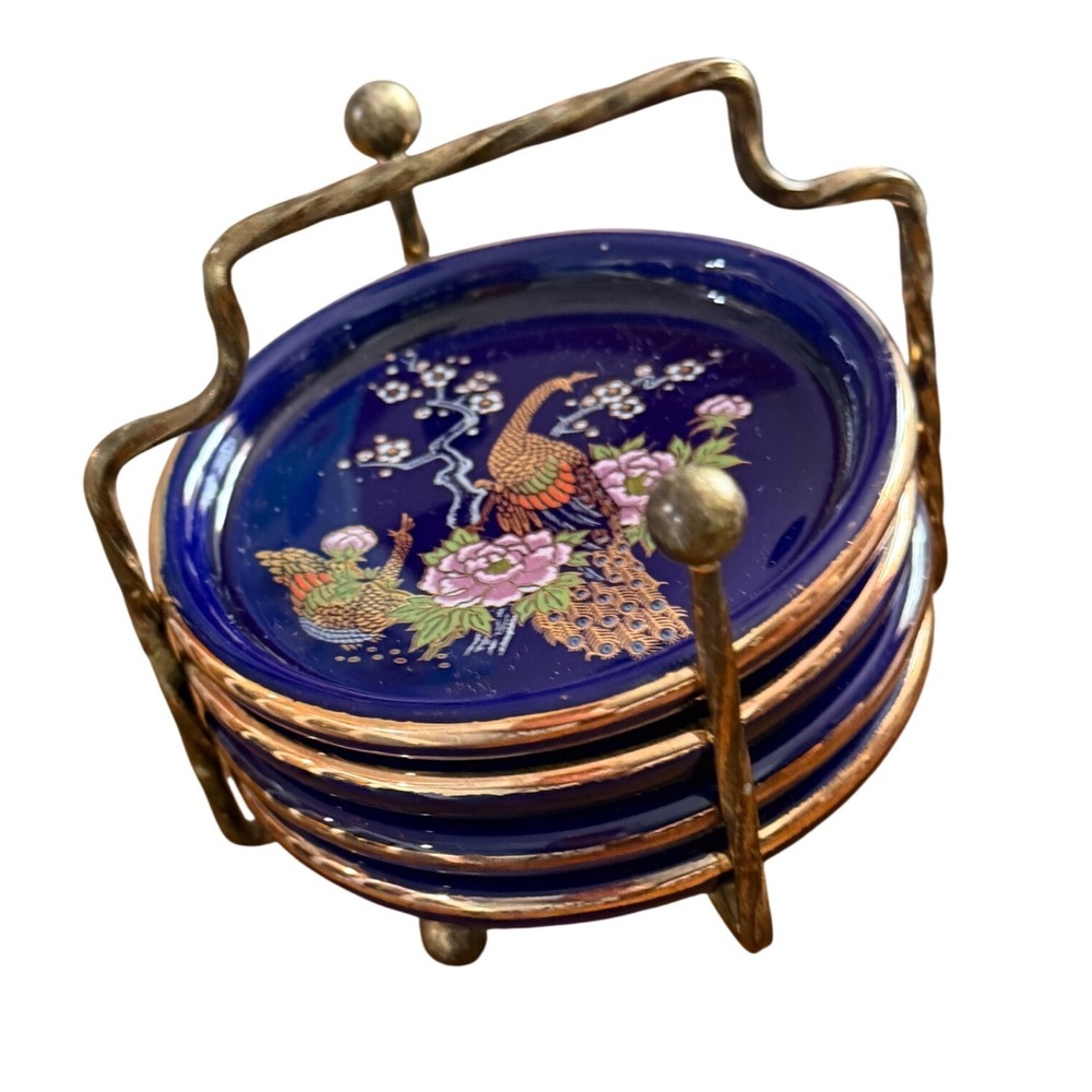Vintage Interpur Taiwan Blue Porcelain Peacock Coaster Set of 4 Brass Caddy